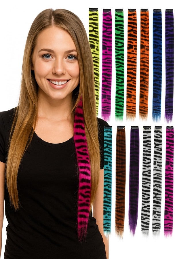 Suncalla 12 Pcs Stripe Printed Wig Piece Colorful Raccoon Tail Hair Extensions 18'' Synthetic Long Straight Clip-in Hair Extensions for Women Daily Use Halloween - Image 3